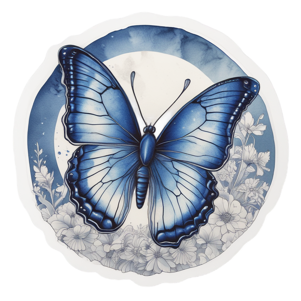A fine-line watercolor butterfly sipping nectar from a crescent moon-shaped flower
