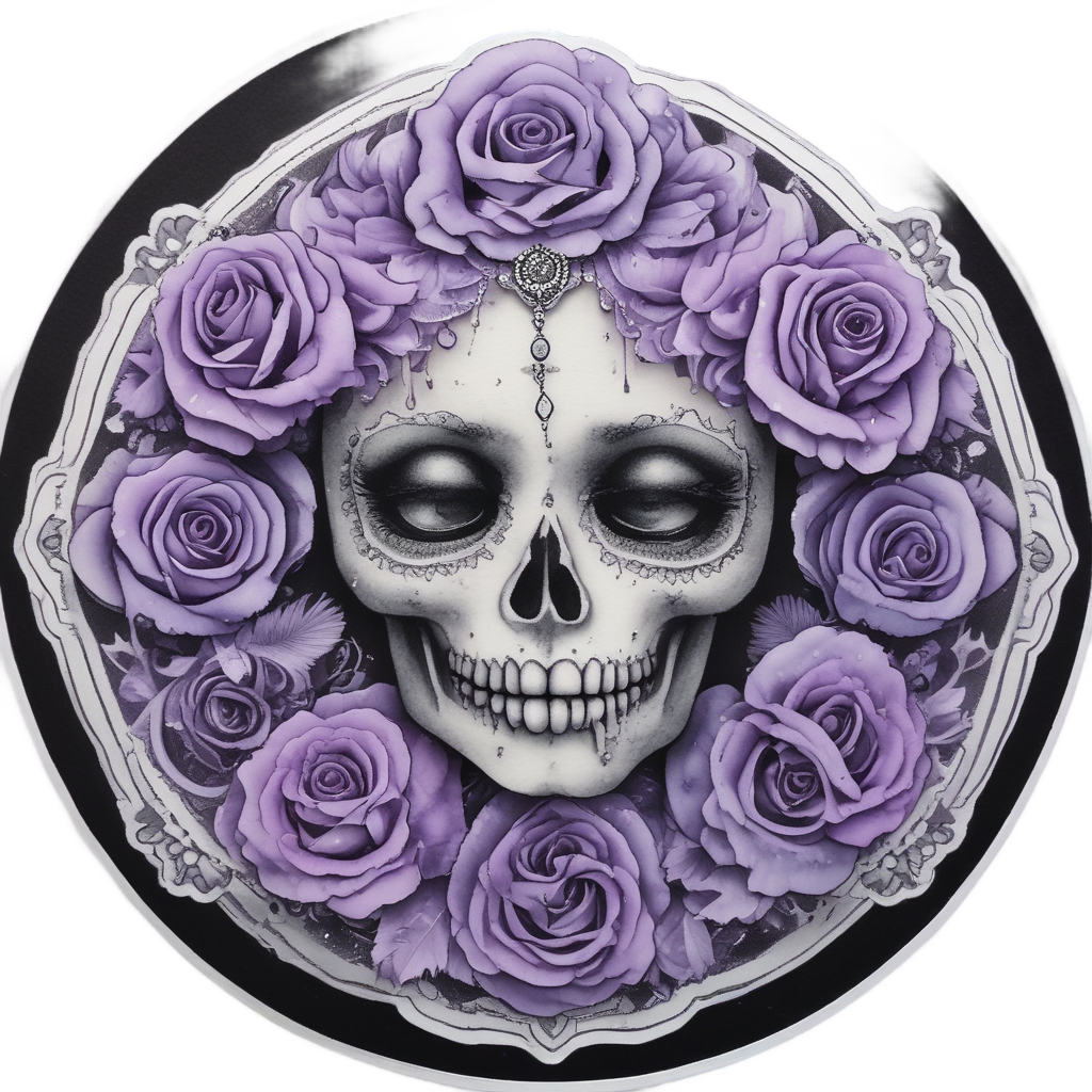 A lavender watercolor rosette calavera with a teardrop and crescent moon on white