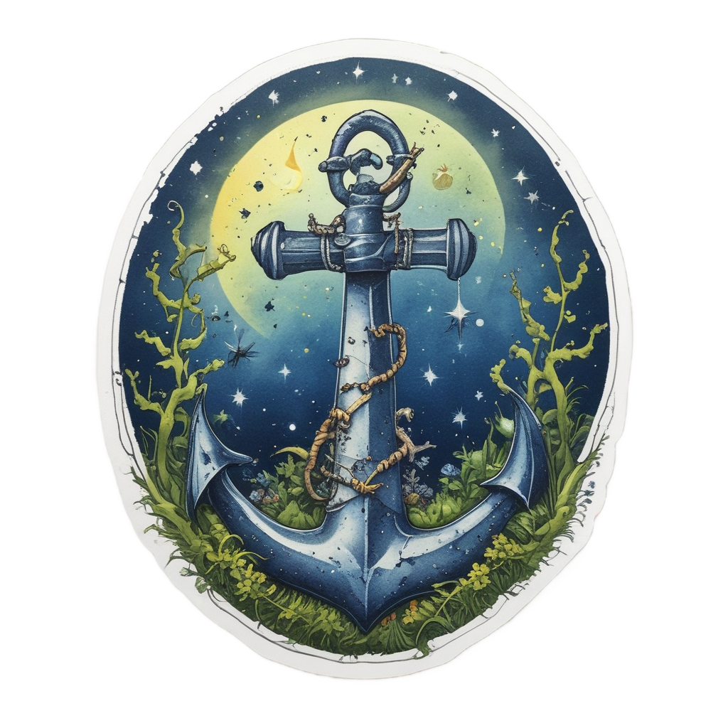 A stone anchor buried in moss under a crescent moon with glowing fireflies.