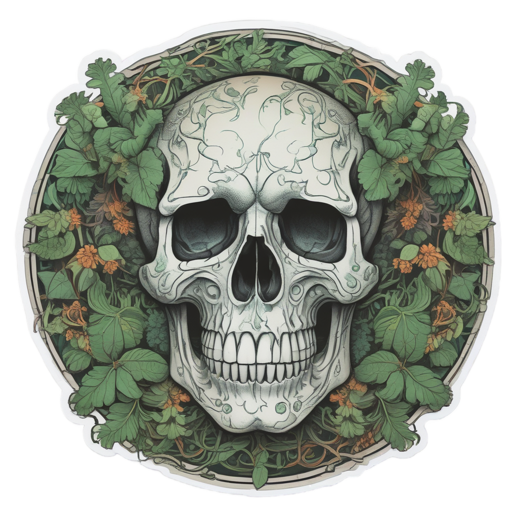 Mossy Skull Vine — line-art skull stickers