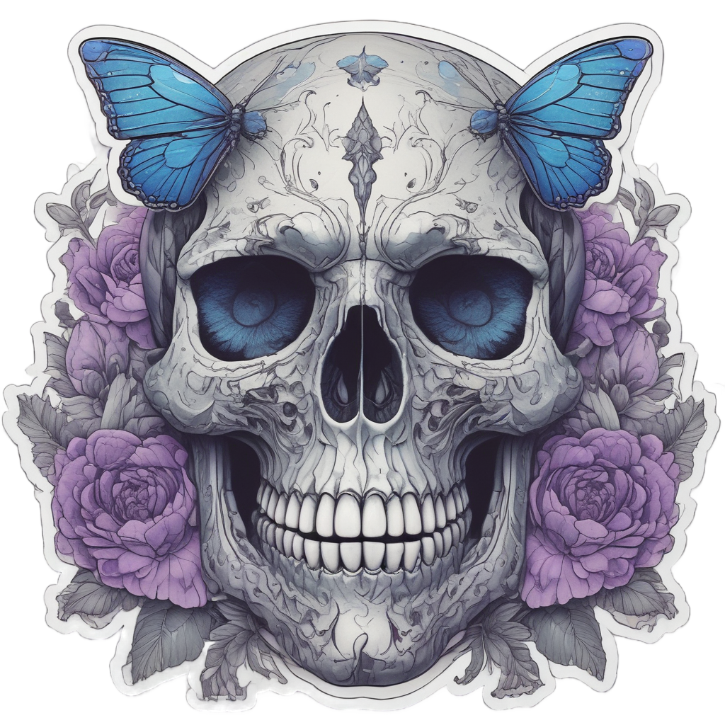 Iridescent blue-purple peony skull with moth
