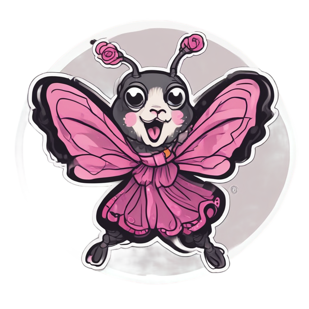 Graceful kawaii black moth dancing with a rose