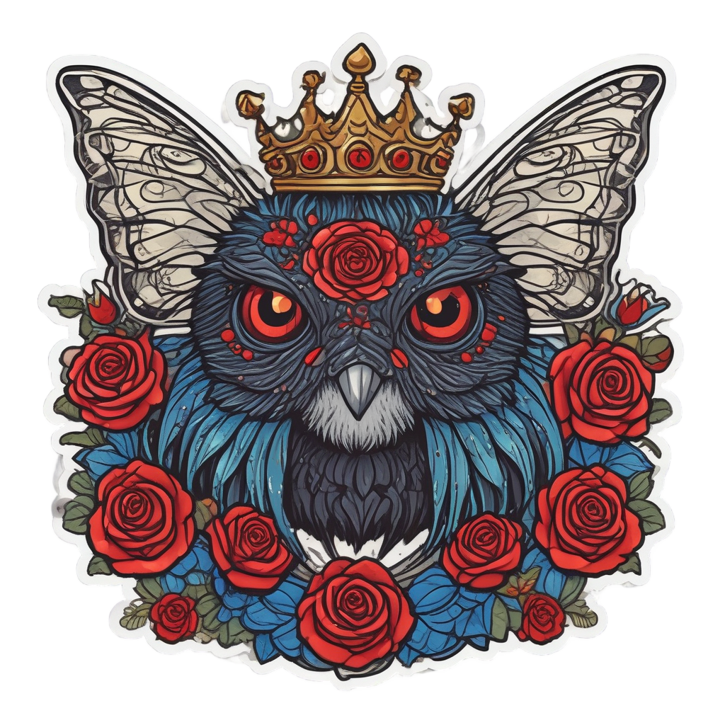 A kawaii black moth wearing a rose crown.