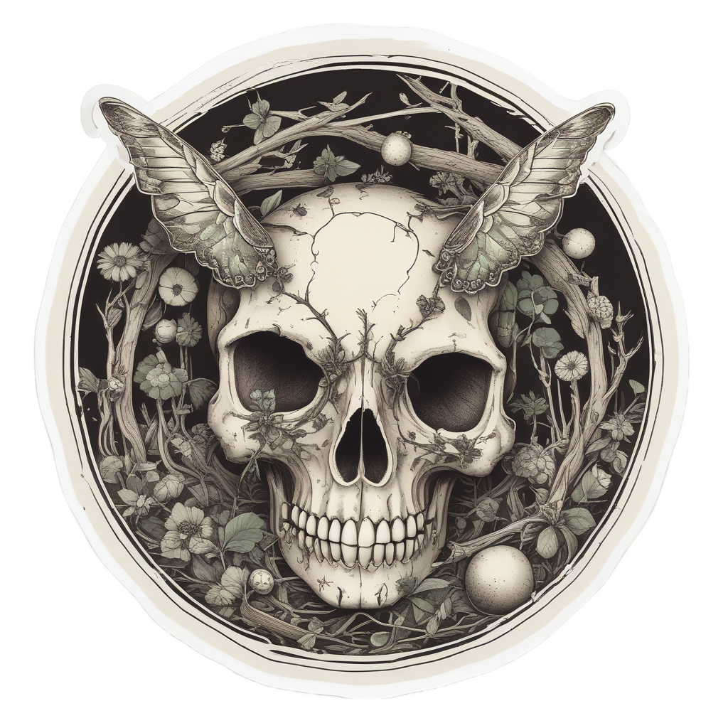 Moth Skull in a Nest — line-art skull stickers