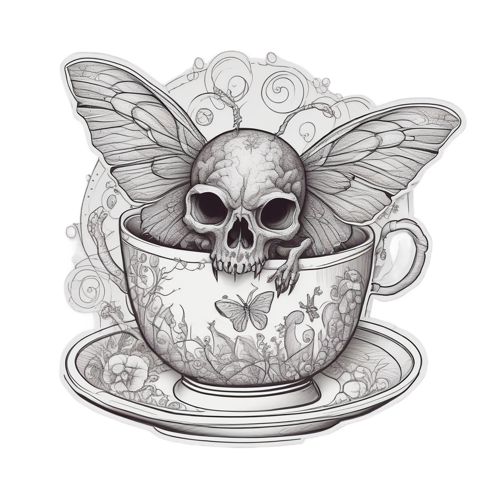 Moth Skull Teacup — line-art skull stickers