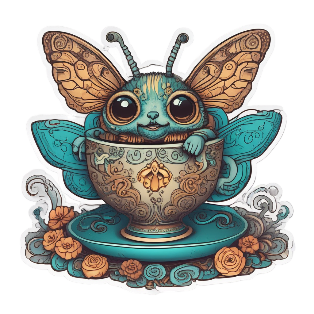 Kawaii death's-head moth in dress sipping tea