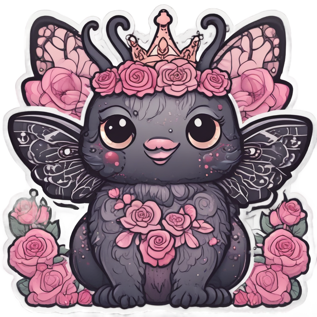 A cute black moth with a tiny rose crown and big sparkly eyes