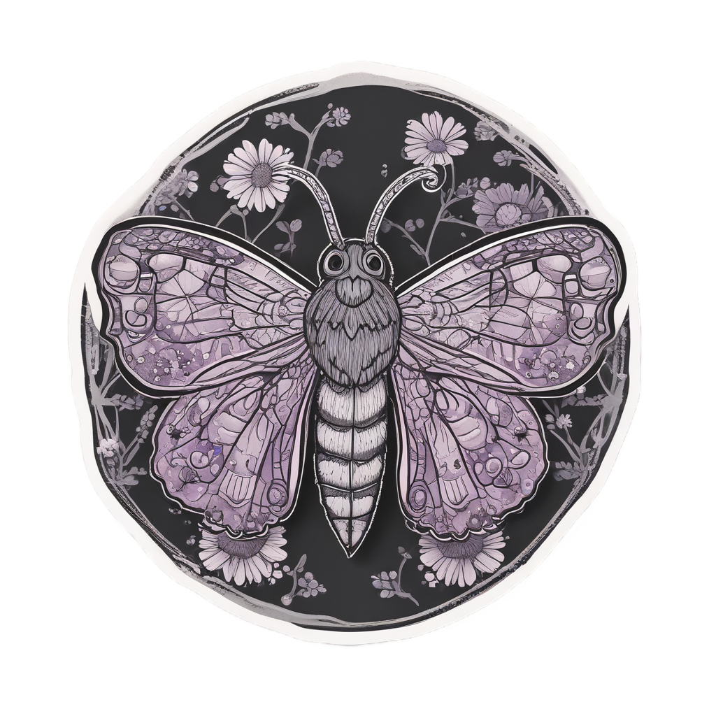 Kawaii blackwork moth wearing a daisy and lavender flower crown
