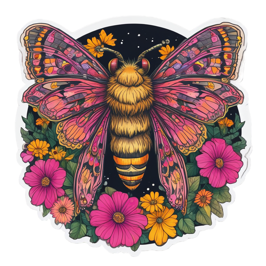 Death's-head moth on neon flowers in glowing night garden