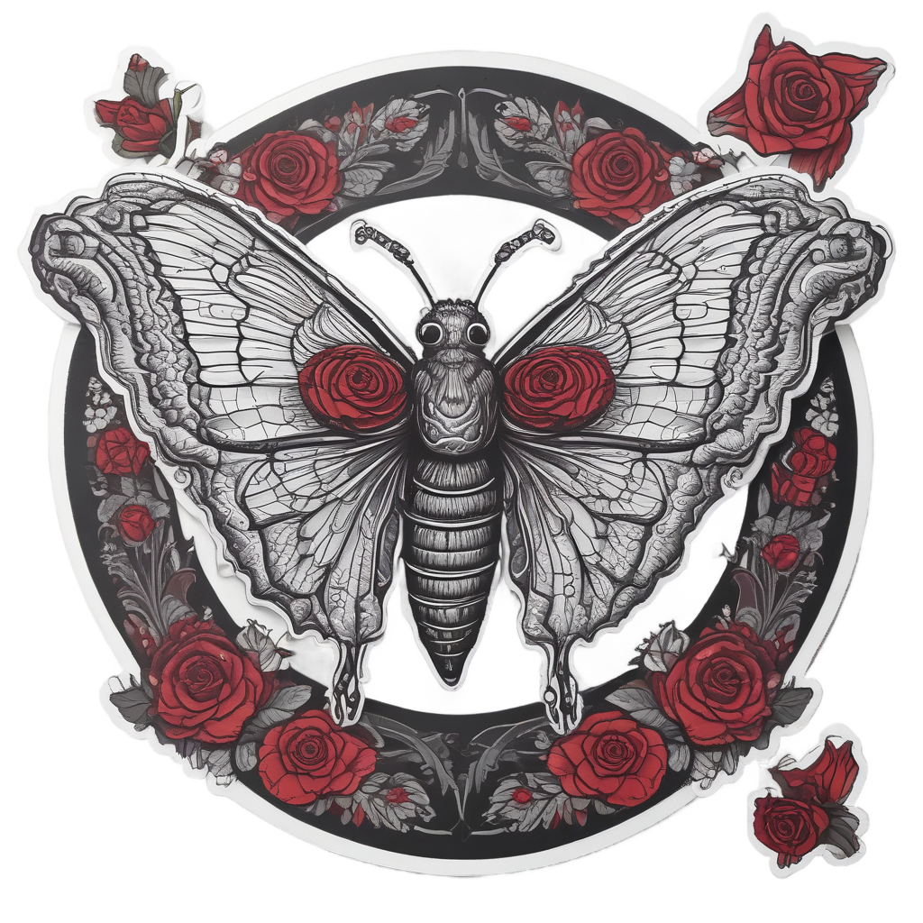 A surreal line-art moth with rose-shaped wings in black and red.