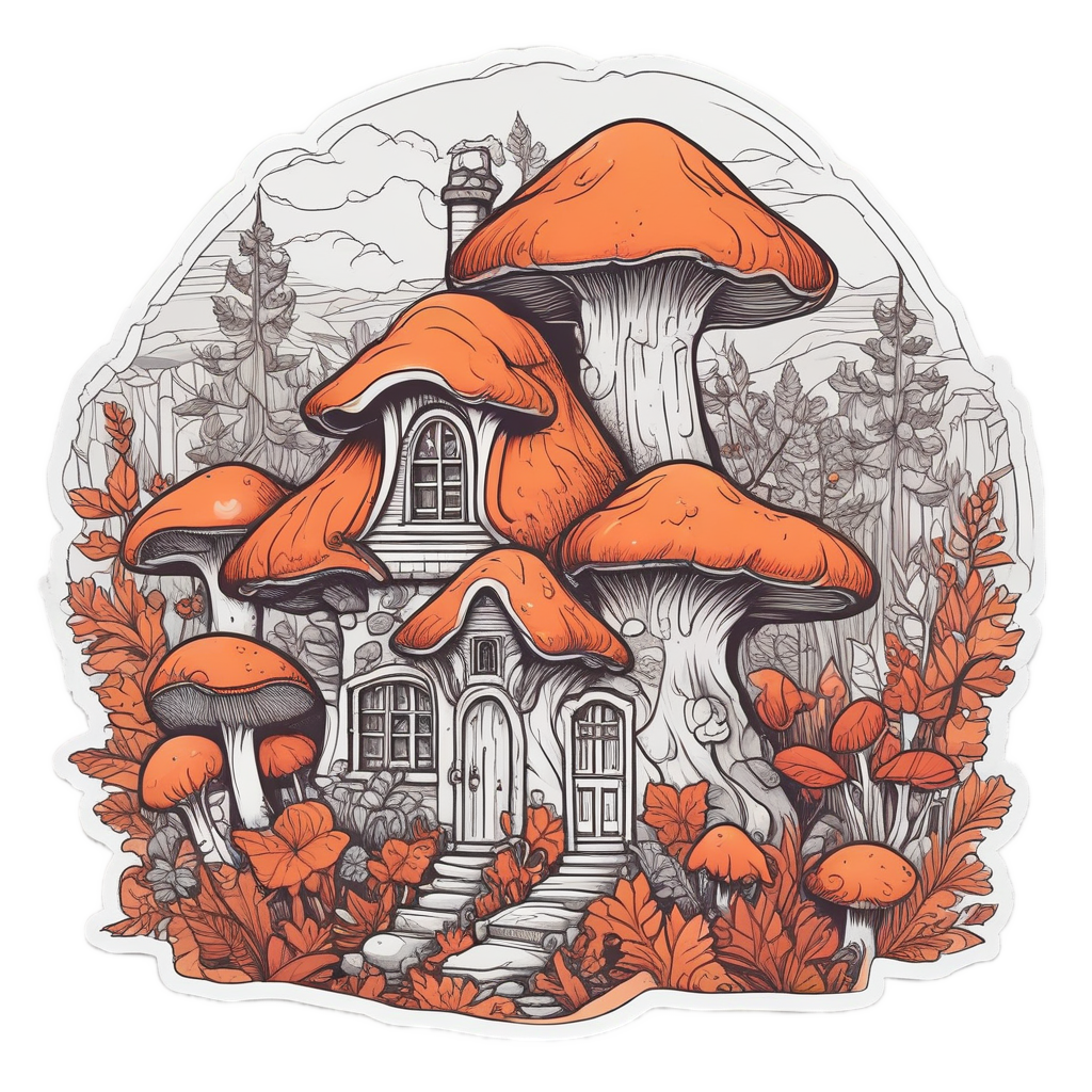 Mushroom House Autumn Leaves — cottagecore mushrooms stickers