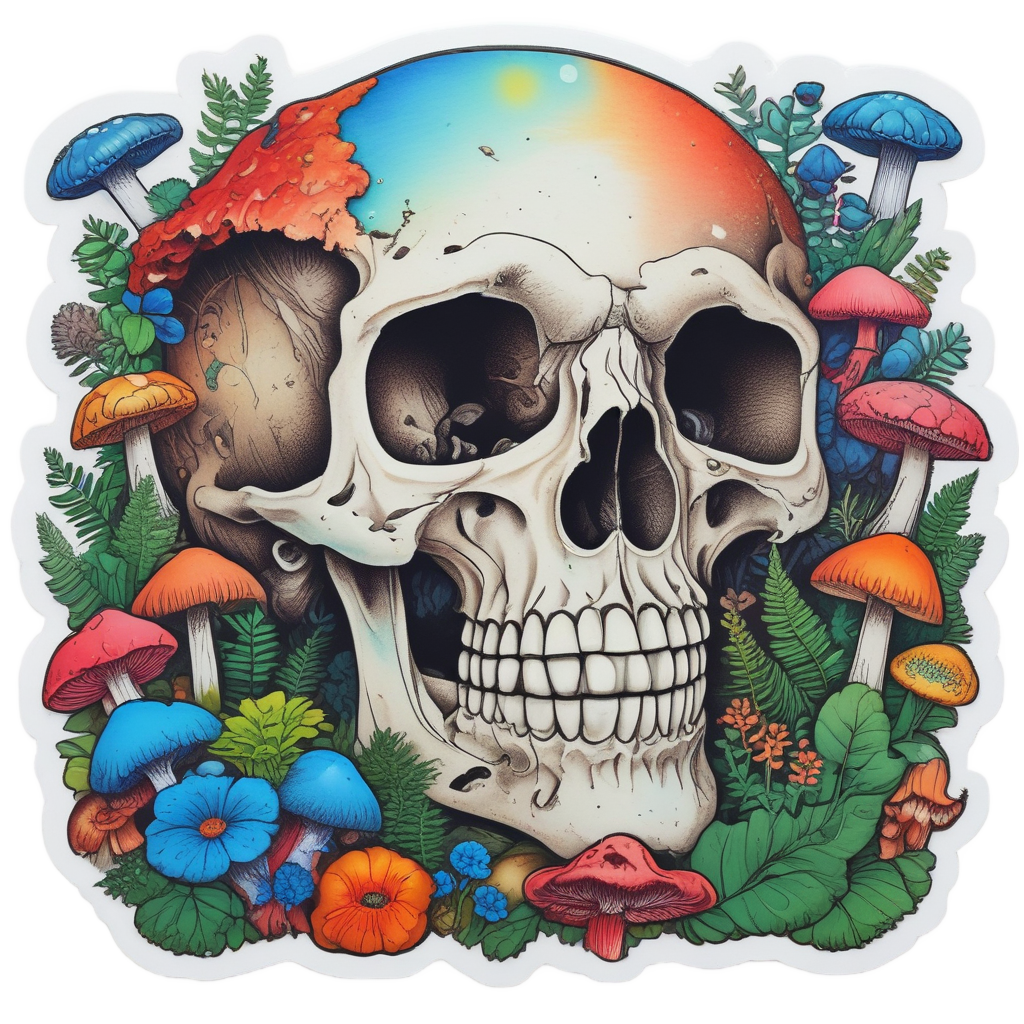 Mushroom Skull Forest Sprout — line-art skull stickers