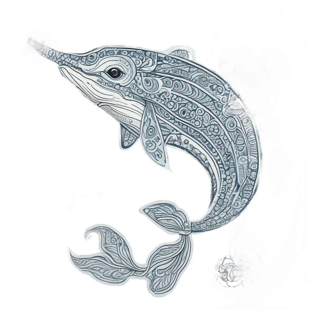 A tribal tattoo narwhal with a glowing spiral tusk floating in blue water