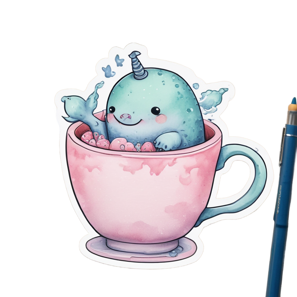 A narwhal smiling from inside a pink teacup
