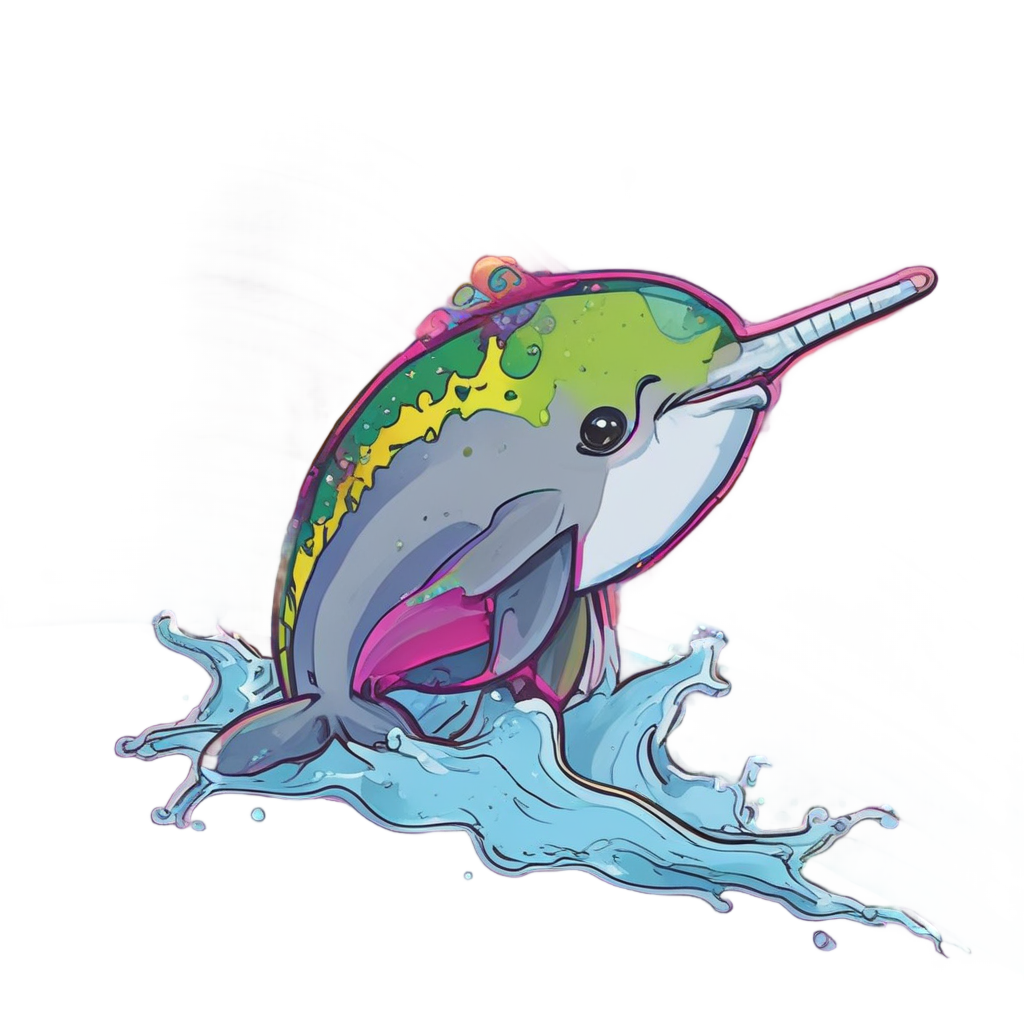 Narwhal diving in rainbow water splash with holographic colors