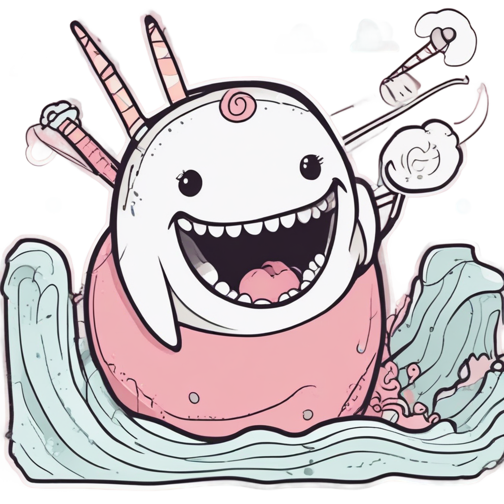 A narwhal holding a sushi roll with chopsticks and a happy expression