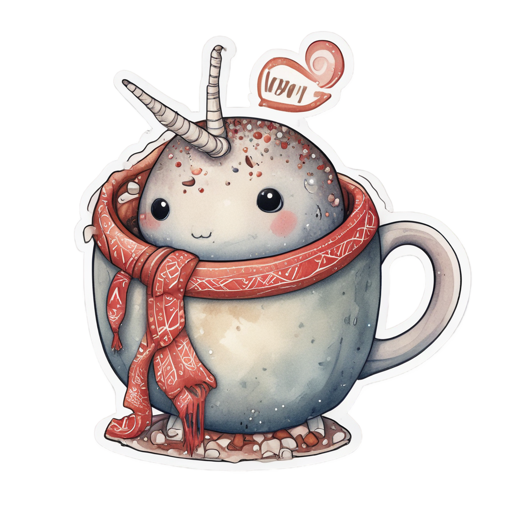 A narwhal wearing a scarf and holding a mug of hot cocoa