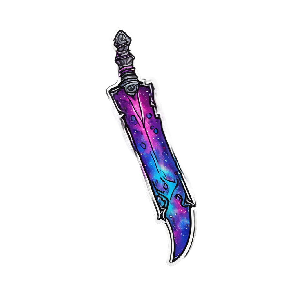 A dagger with neon pink and blue nebula swirls