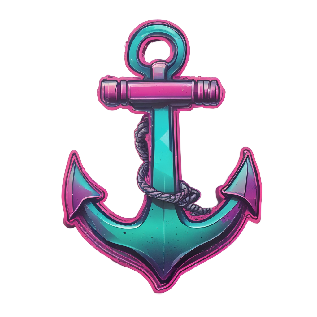 A retro neon anchor with pink and teal gradient and grain effect.