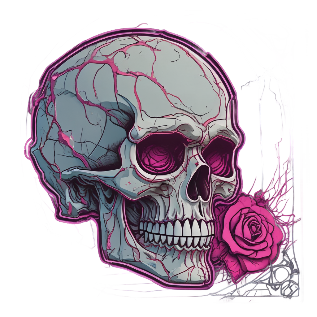 A neon skull with a thorned red rose growing from the eye socket, glowing on a white background