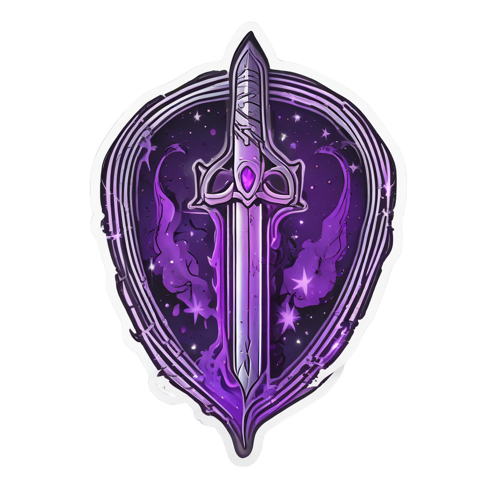 A neon silver dagger with a crescent moon piercing a violet star heart