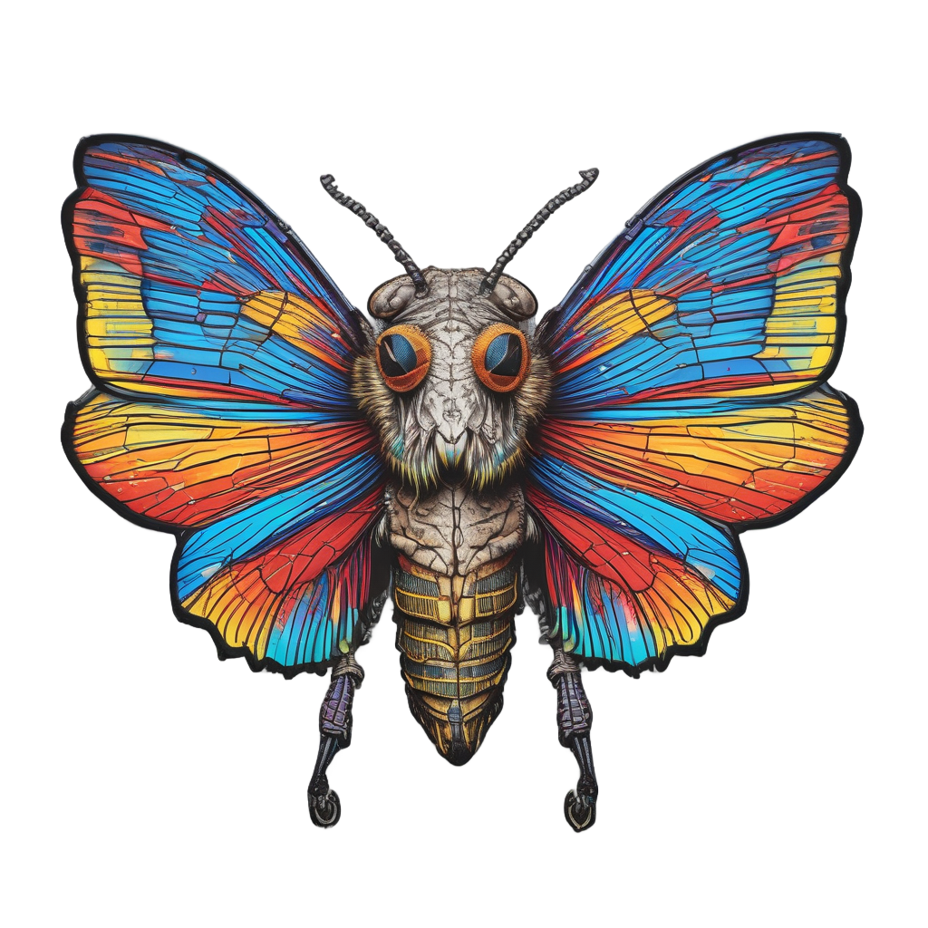 Glitch death's-head moth with neon red and blue distortion
