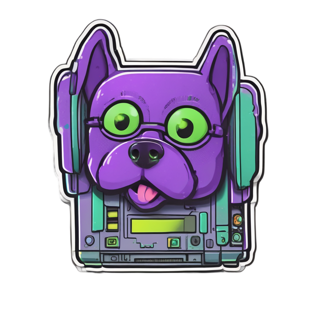 A dog made of a retro hard drive with purple and green neon panels and a wagging tail