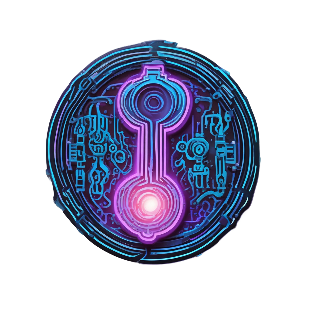 A neon blue library key with a glowing eye in its bow on a white background.
