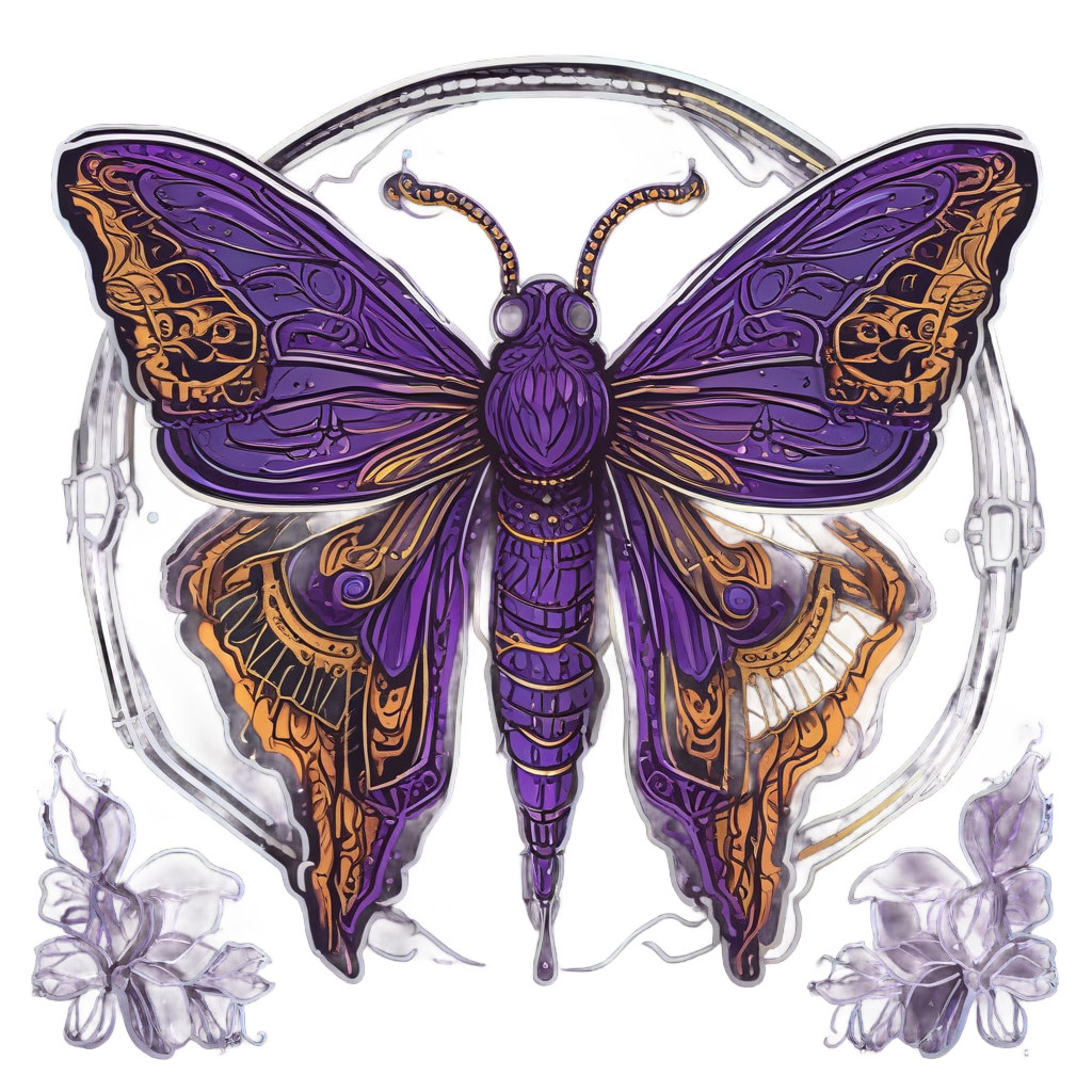 A blackwork moth with neon purple and gold wings holding a key