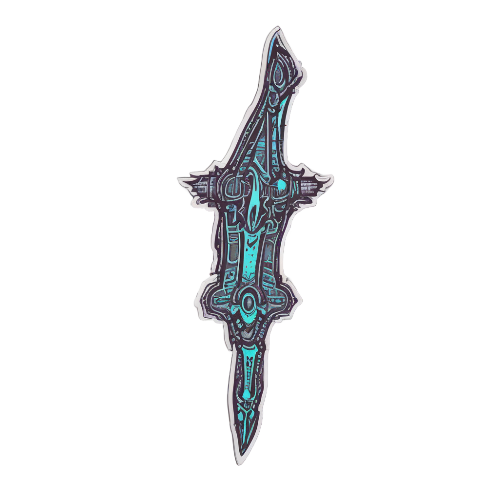 A blackwork dagger with neon tribal patterns glowing in cyan and purple
