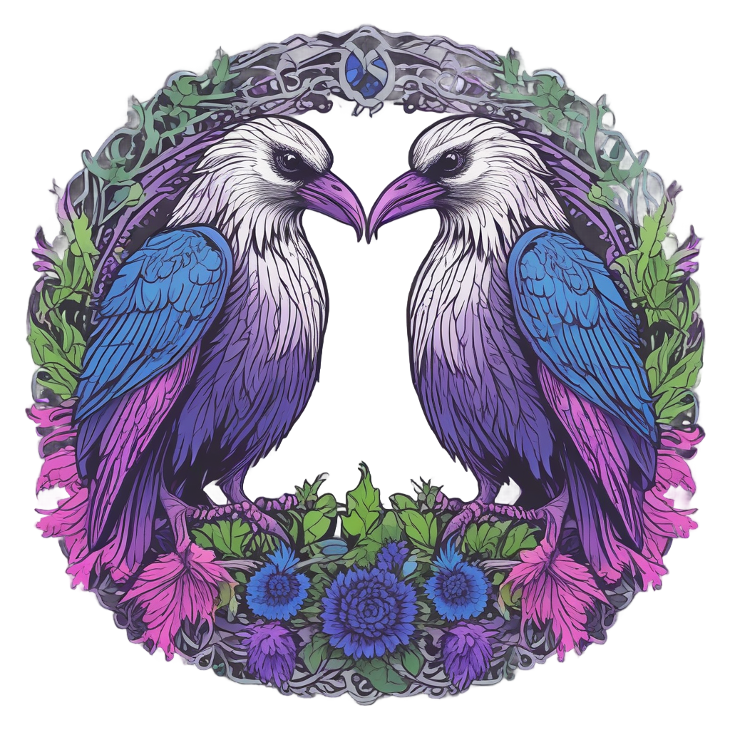 Pink and yellow neon ravens touching beaks in a thistle wreath