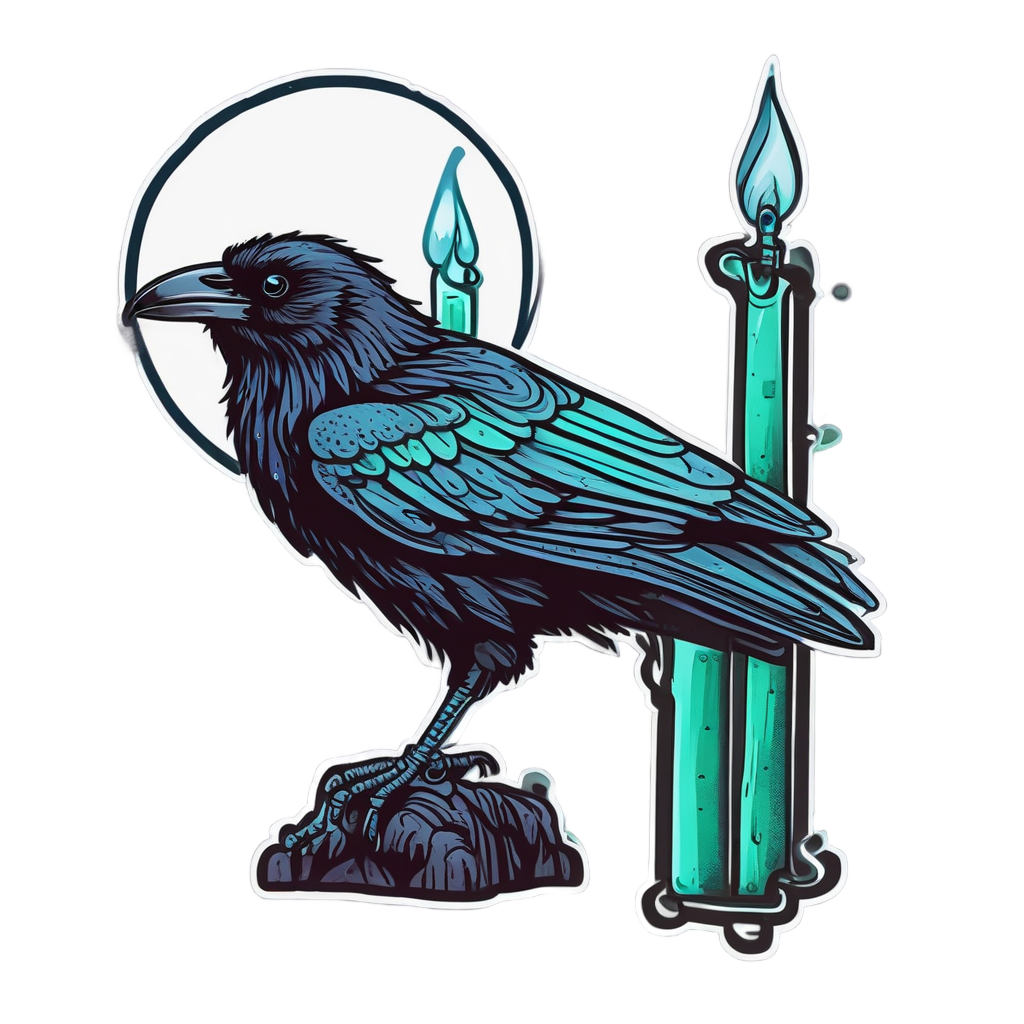 Raven holding a dripping blue neon candle