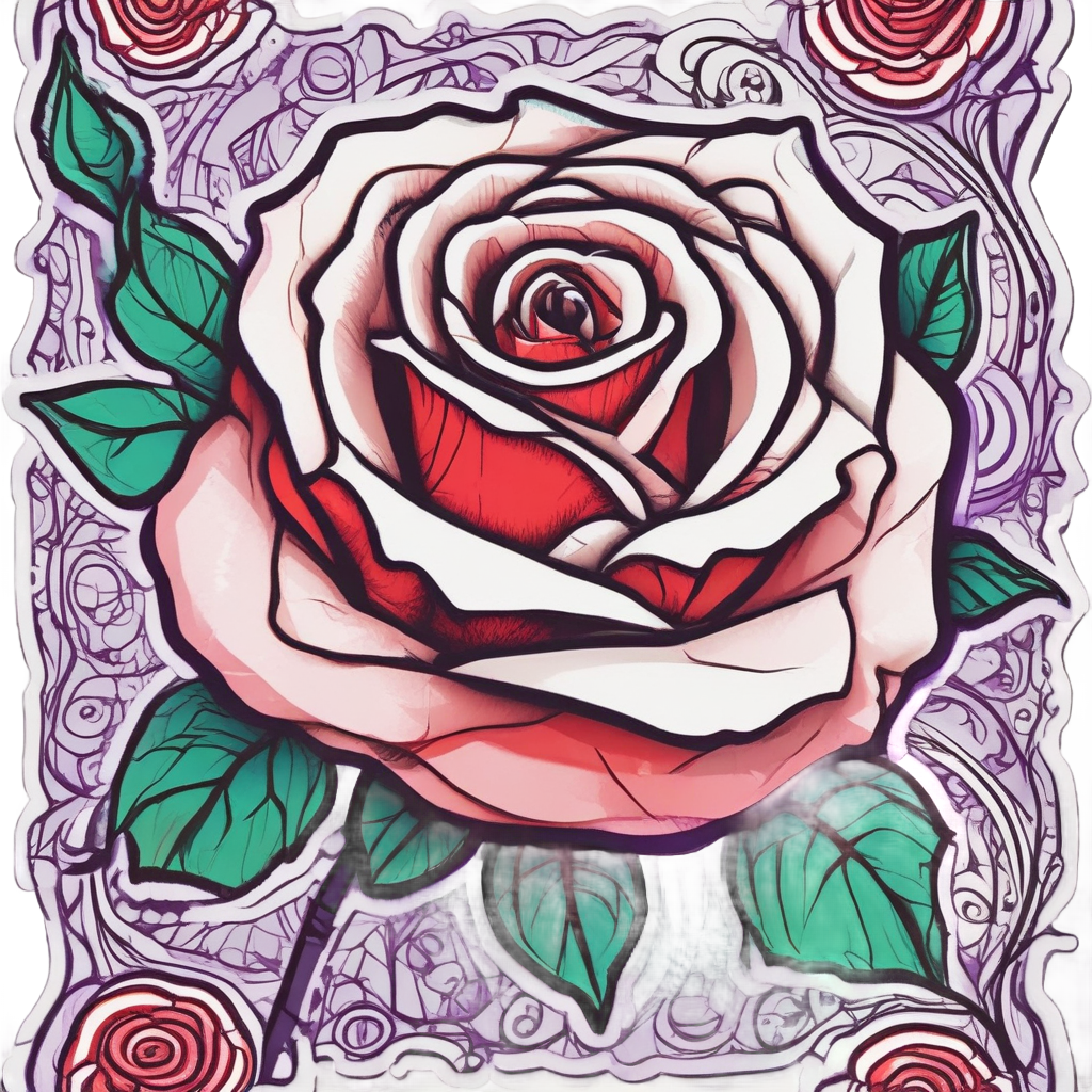 A fine-line rose with large neon red and purple thorns on white