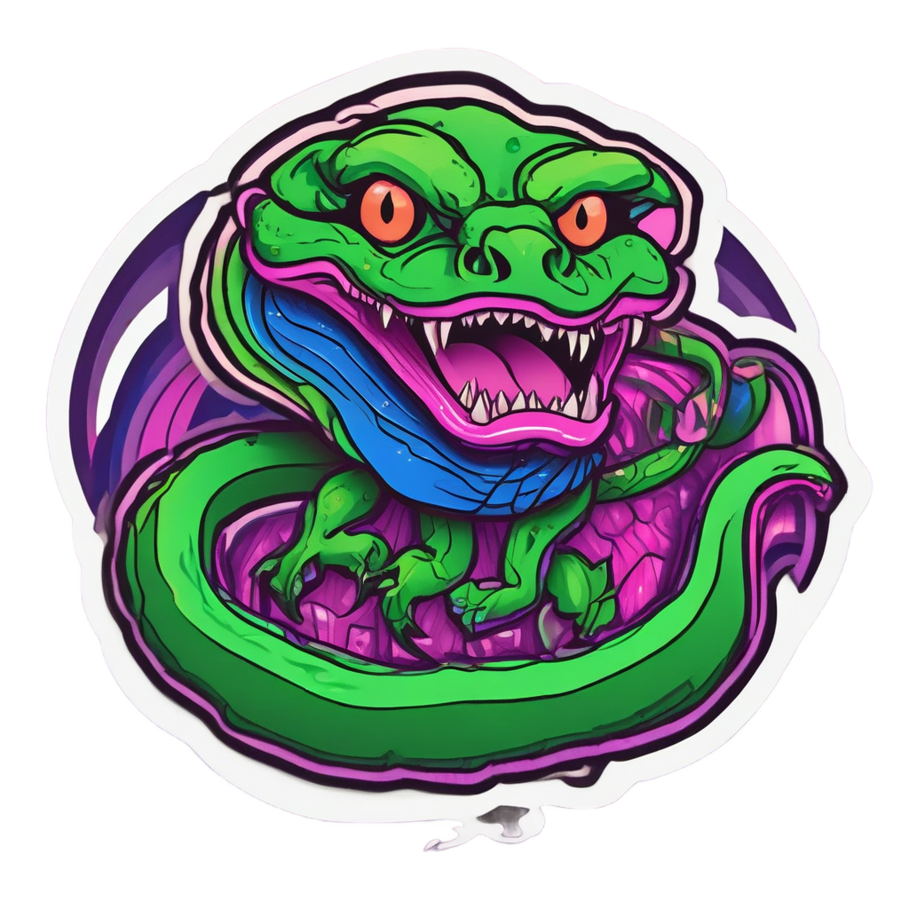Neon green snake coiled around a glowing pink rose with sharp fangs