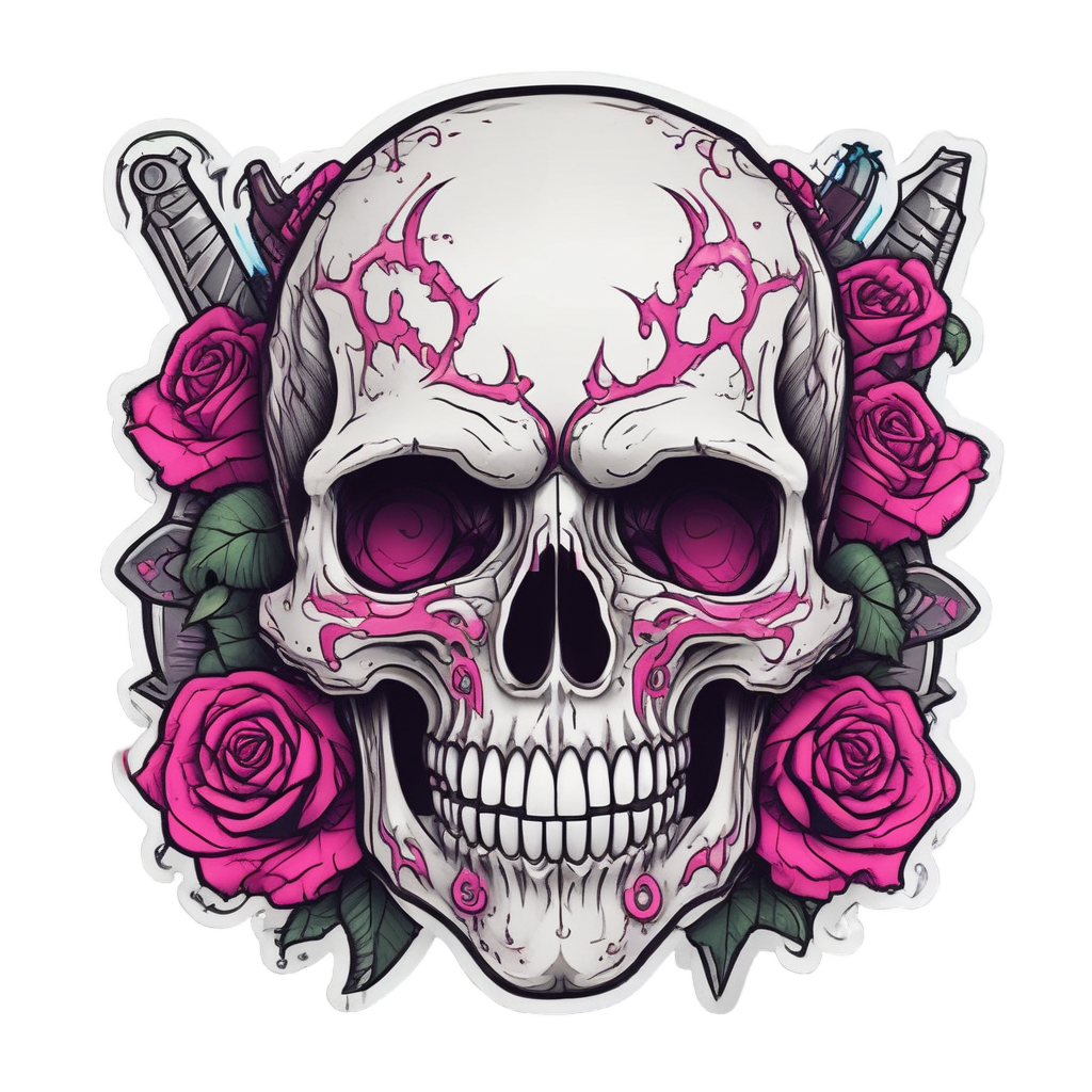 Neon Rose Dagger — blackwork skull stickers