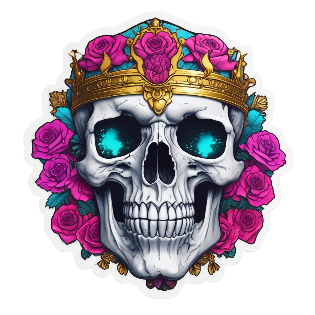 Neon Rose Skull Crown — watercolor skull & roses stickers