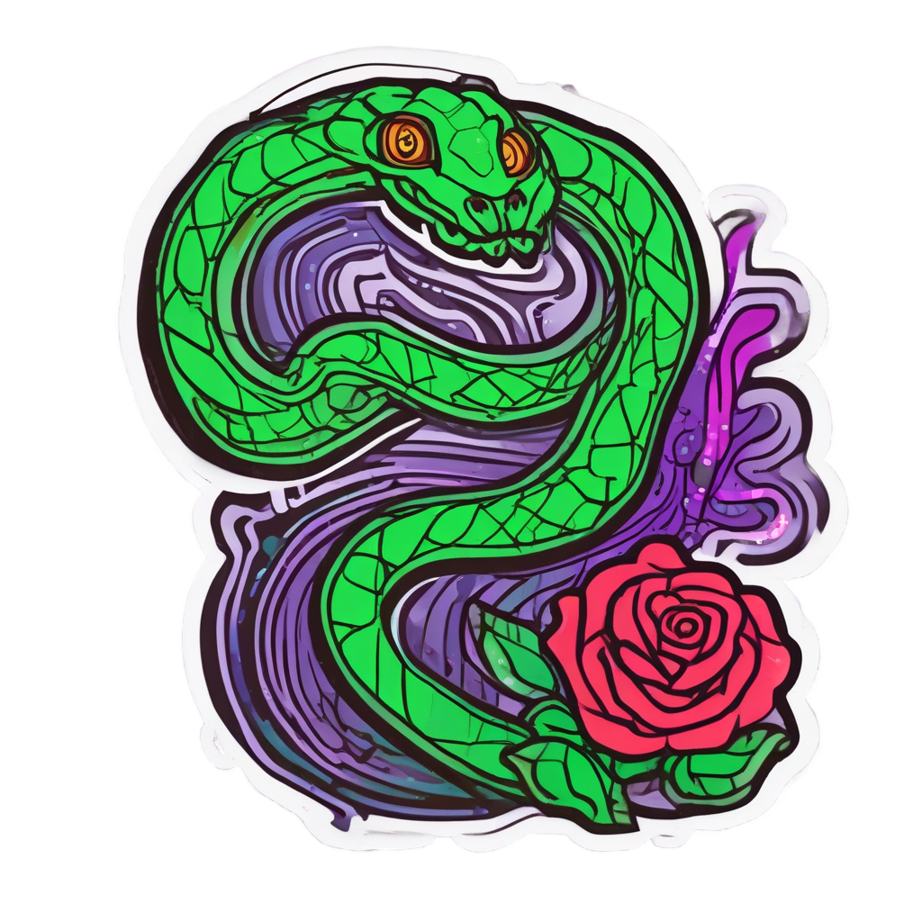 Dancing neon snake swirling around a glowing rose on white