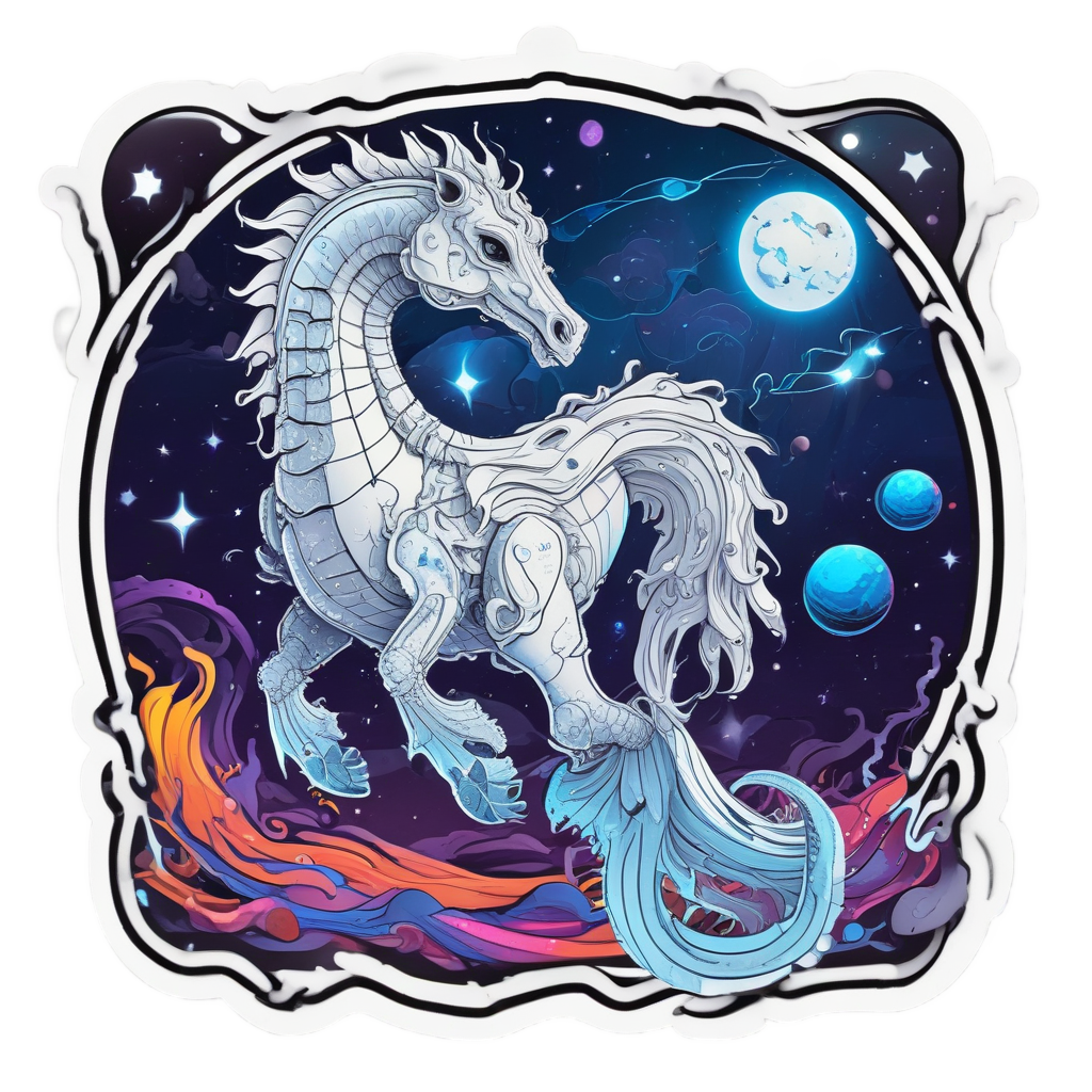 Neon white and blue seahorse astronaut floating above Earth.