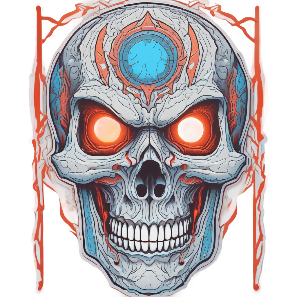 Neon Skull with Cracked Mask — blackwork skull stickers