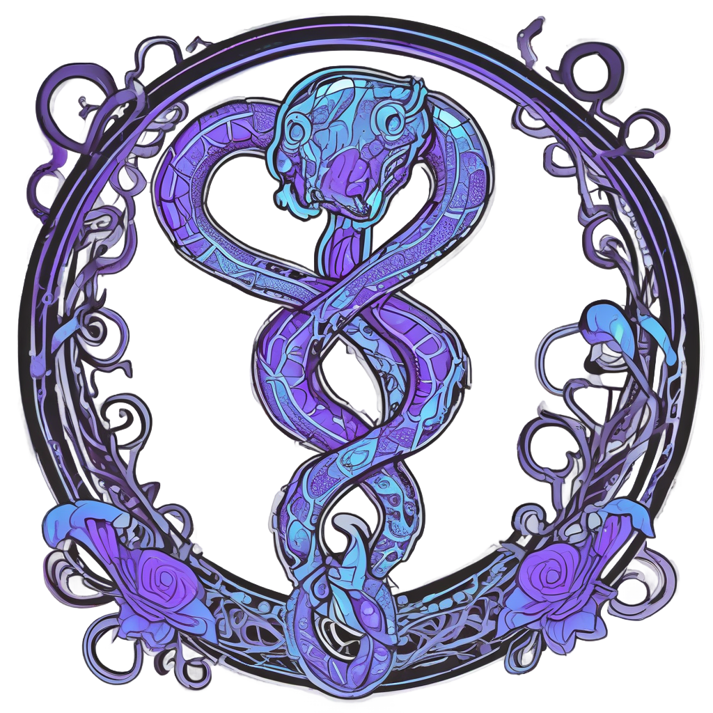 Neon purple and blue snake and rose tangled in a glowing knot, die-cut sticker