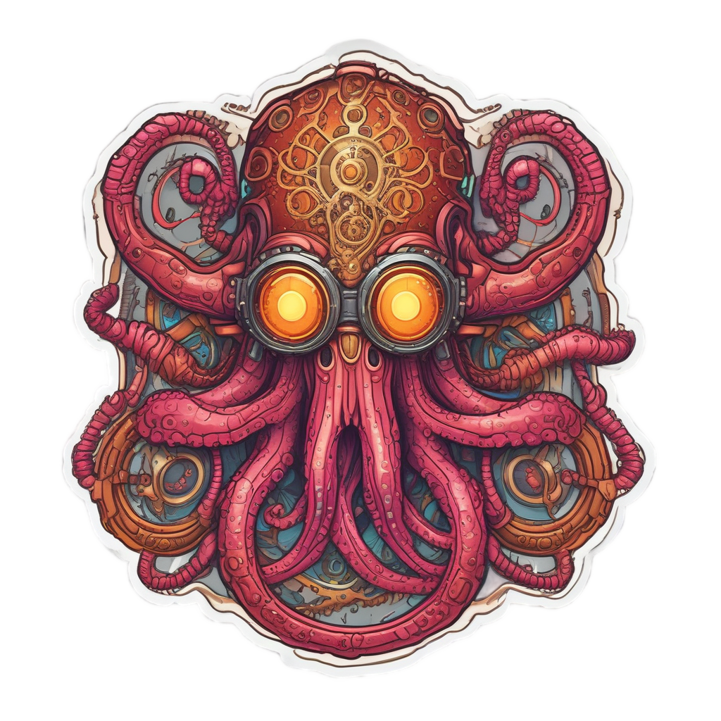 A neon steampunk octopus with goggles and glowing copper gears