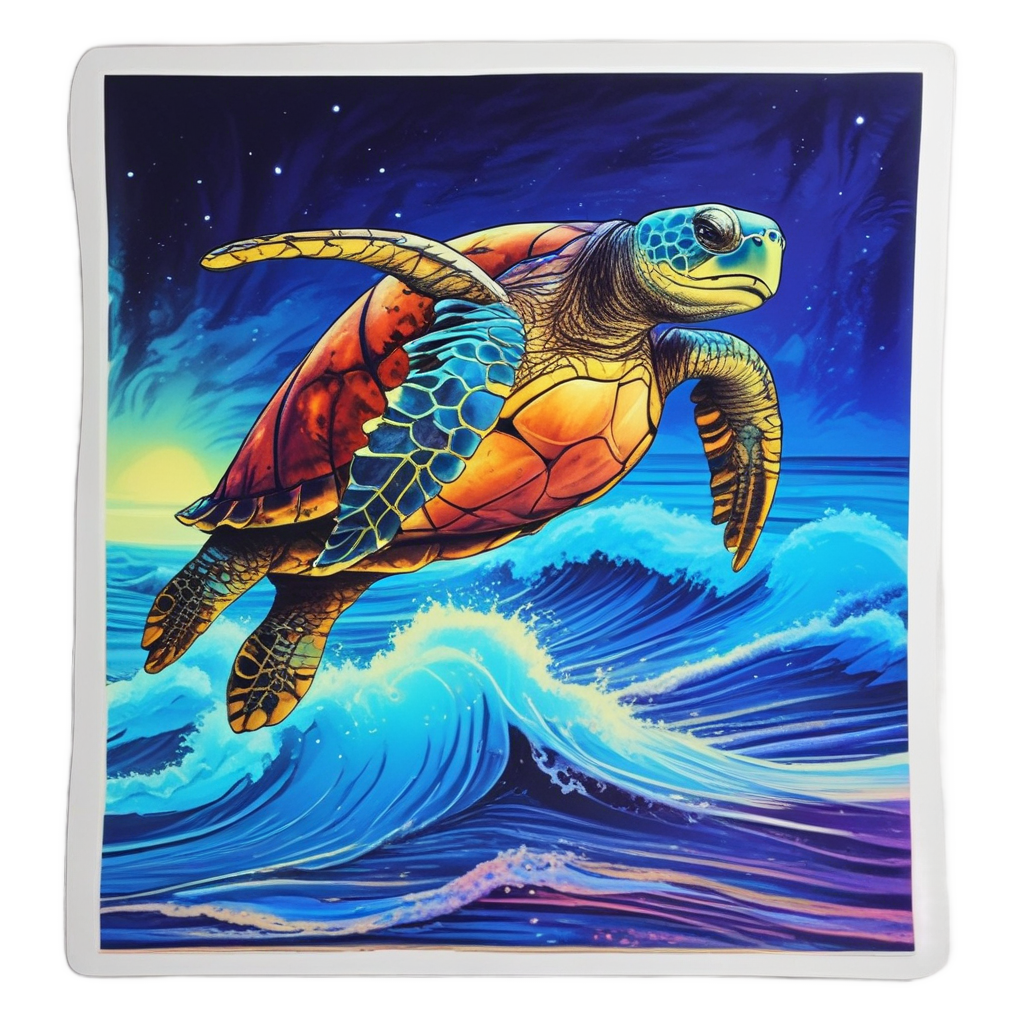 A neon sea turtle riding a glowing wave