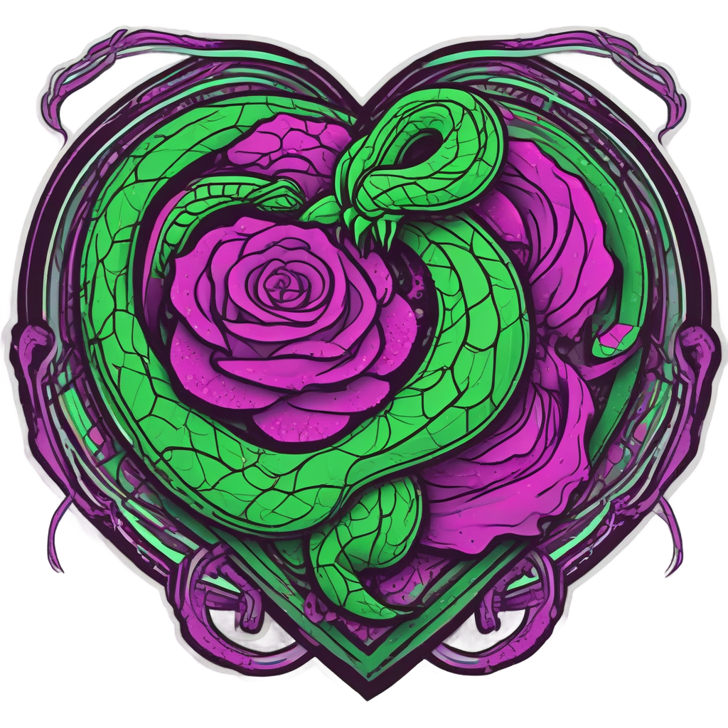 Neon green viper coiled into a heart around a glowing magenta rose
