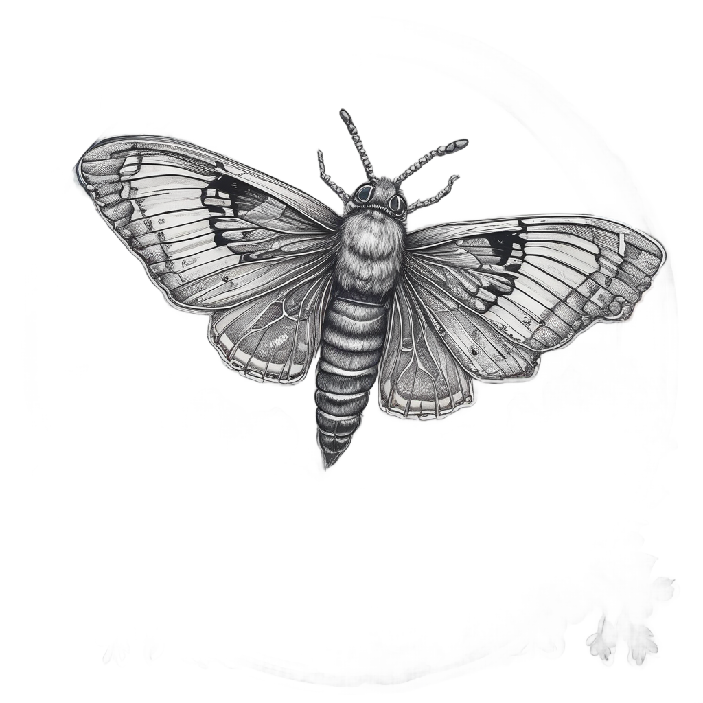 A death's-head moth hovers above a night flower in blue lineart.