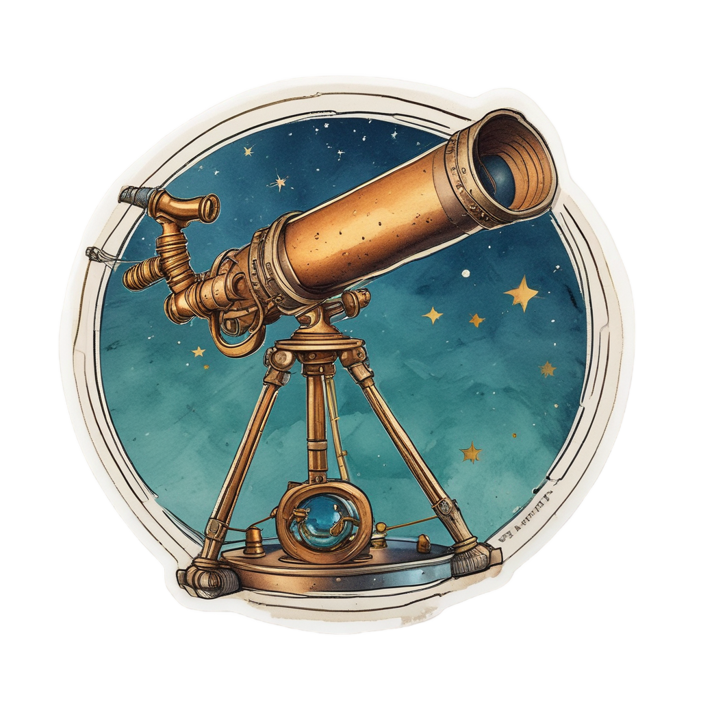 Vintage telescope pointing at crescent moon with stars watercolor
