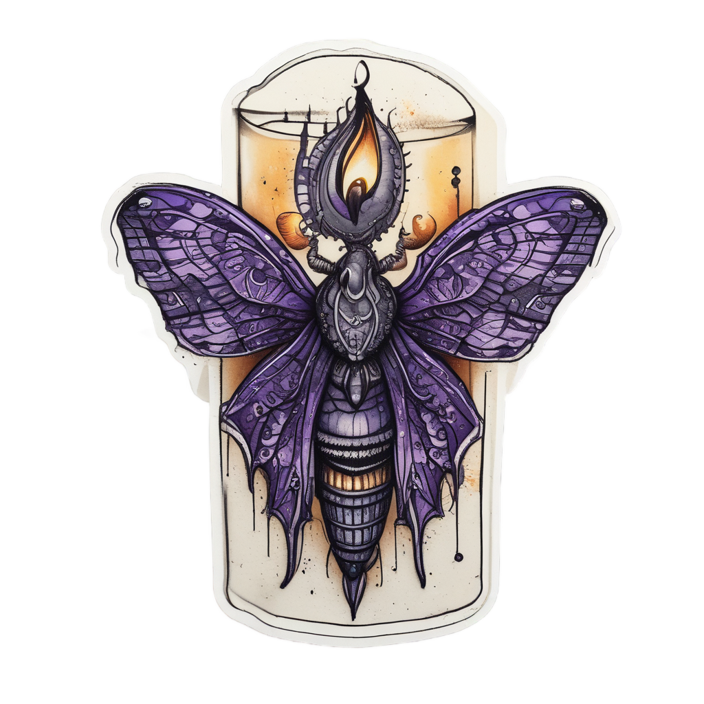 Watercolor gothic moth on candle with flame