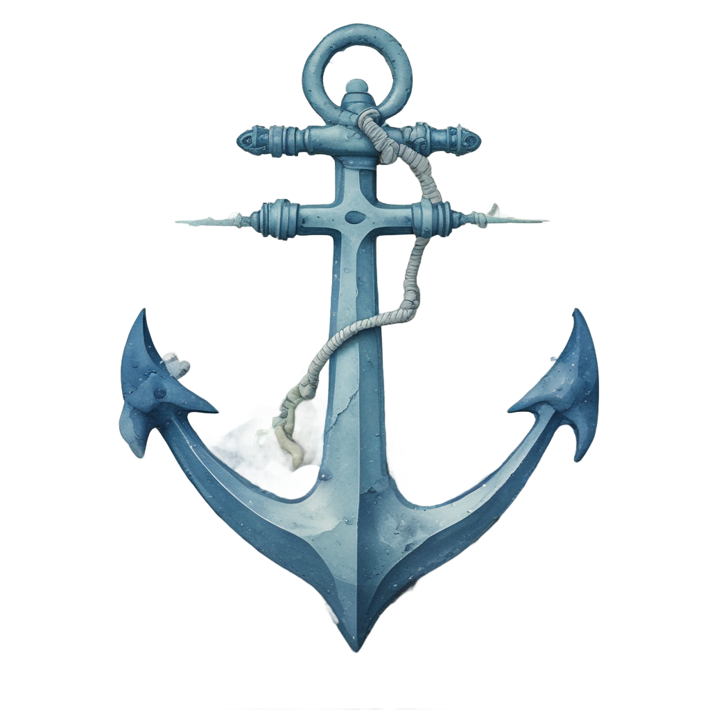 A watercolor anchor resting on the ocean floor with sea stars and rippled sand.
