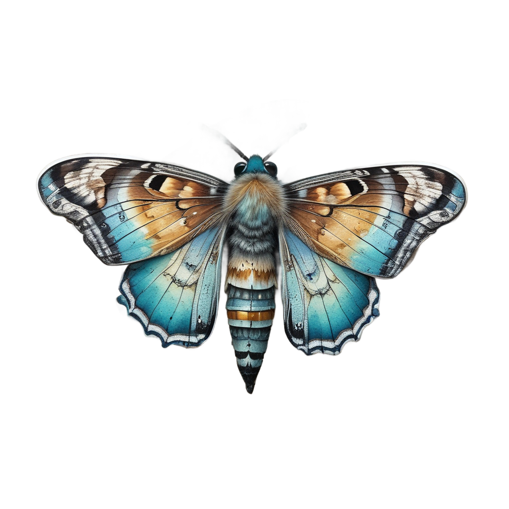 A turquoise-and-tan moth on a seashell by a foamy ocean edge