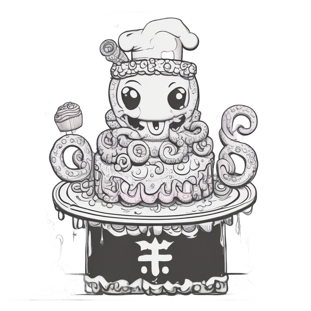 Lineart octopus baker in apron holding a tiered cake and adding sprinkles