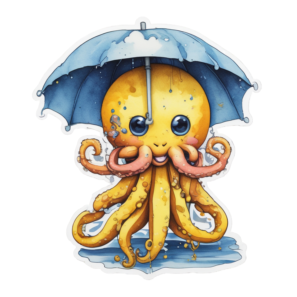 A watercolor octopus in yellow raincoat with umbrella, blue and yellow, die-cut sticker.